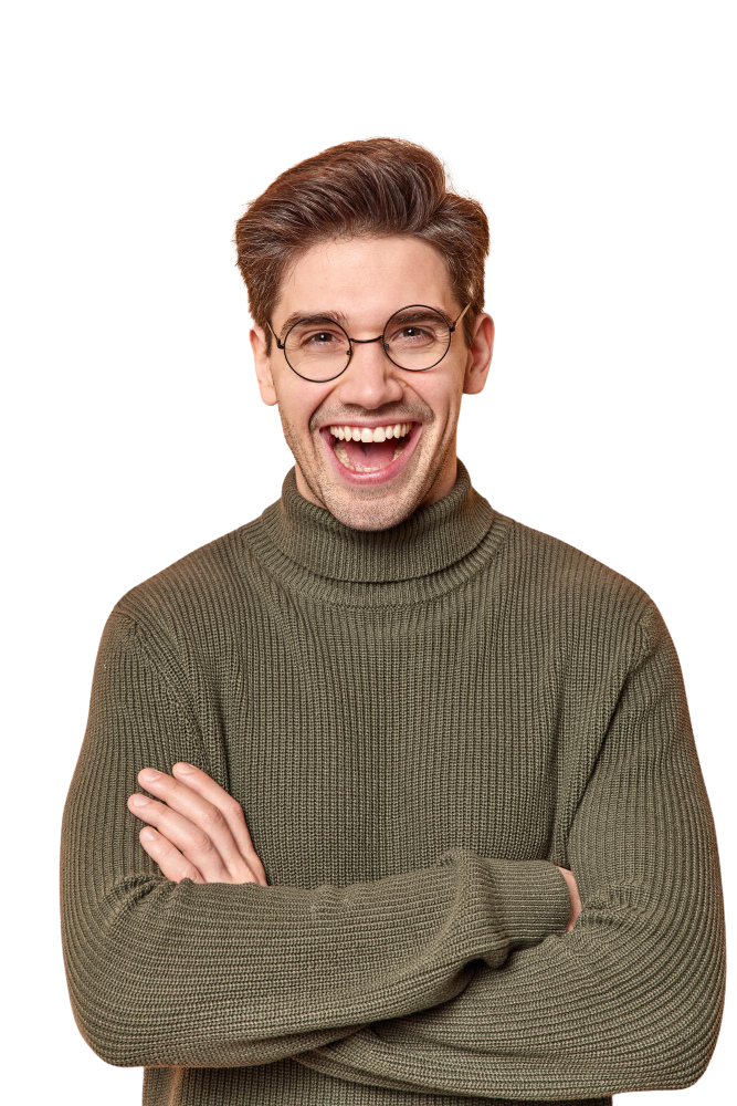 Happy male professional wearing glasses and sweater, representing a web designer or digital marketing expert