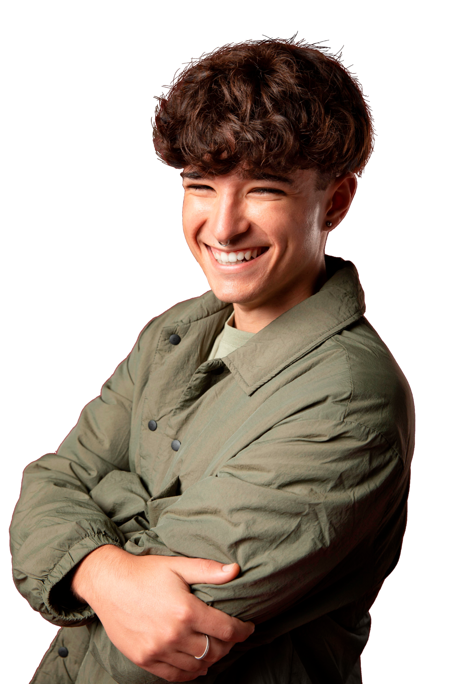 Smiling creative professional with short hair posing confidently, representing a modern SEO and design team member