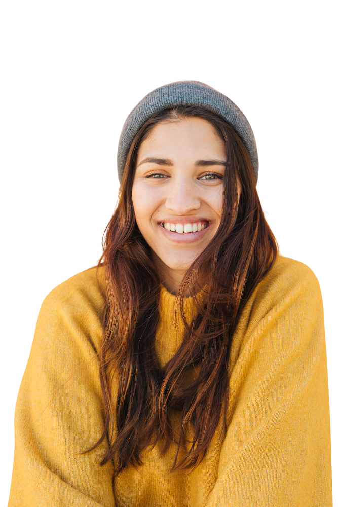 Smiling woman wearing a beanie and sweater, representing a creative professional in a modern design agency